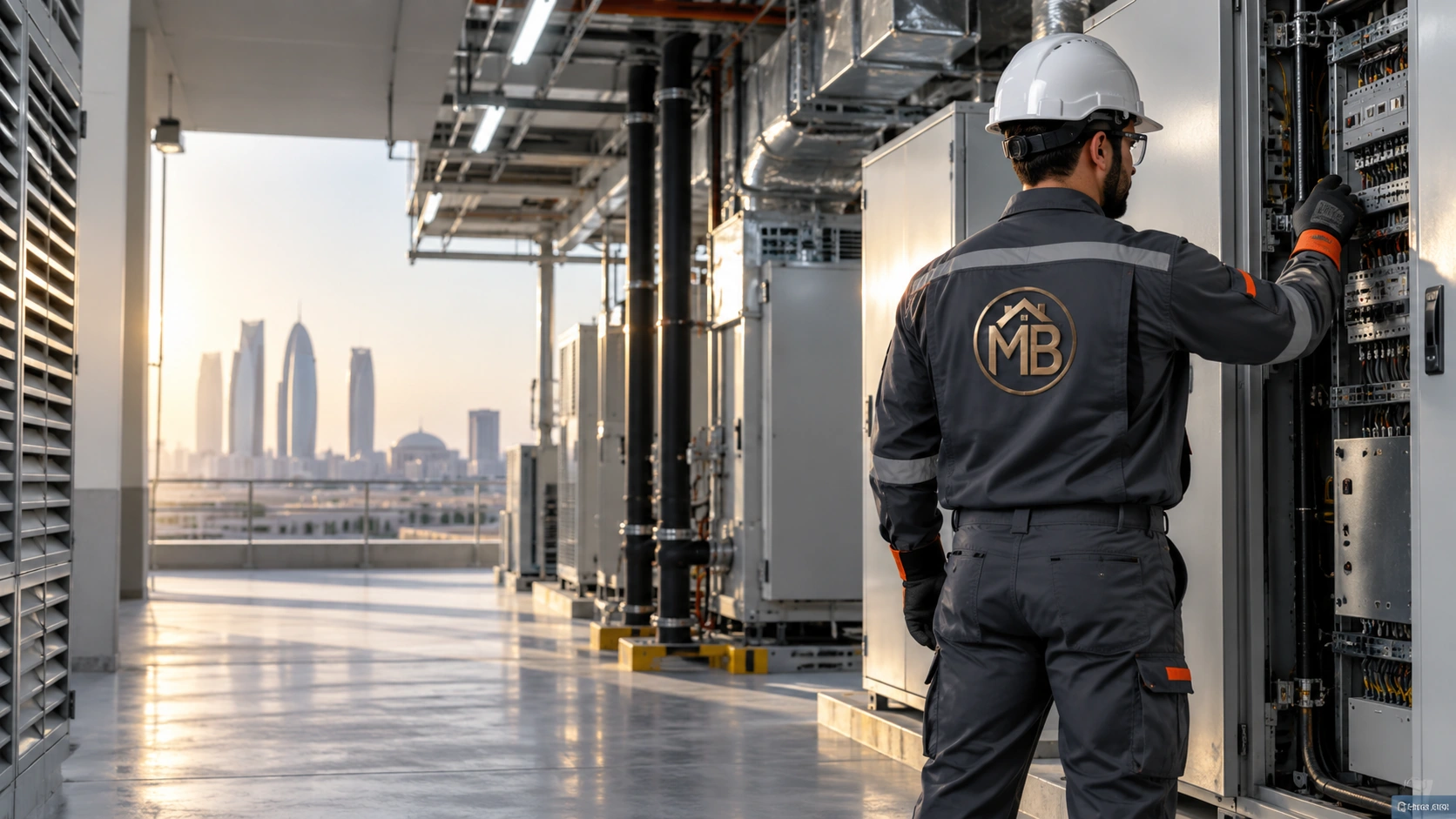 Maintenance technician inspecting building systems in Abu Dhabi