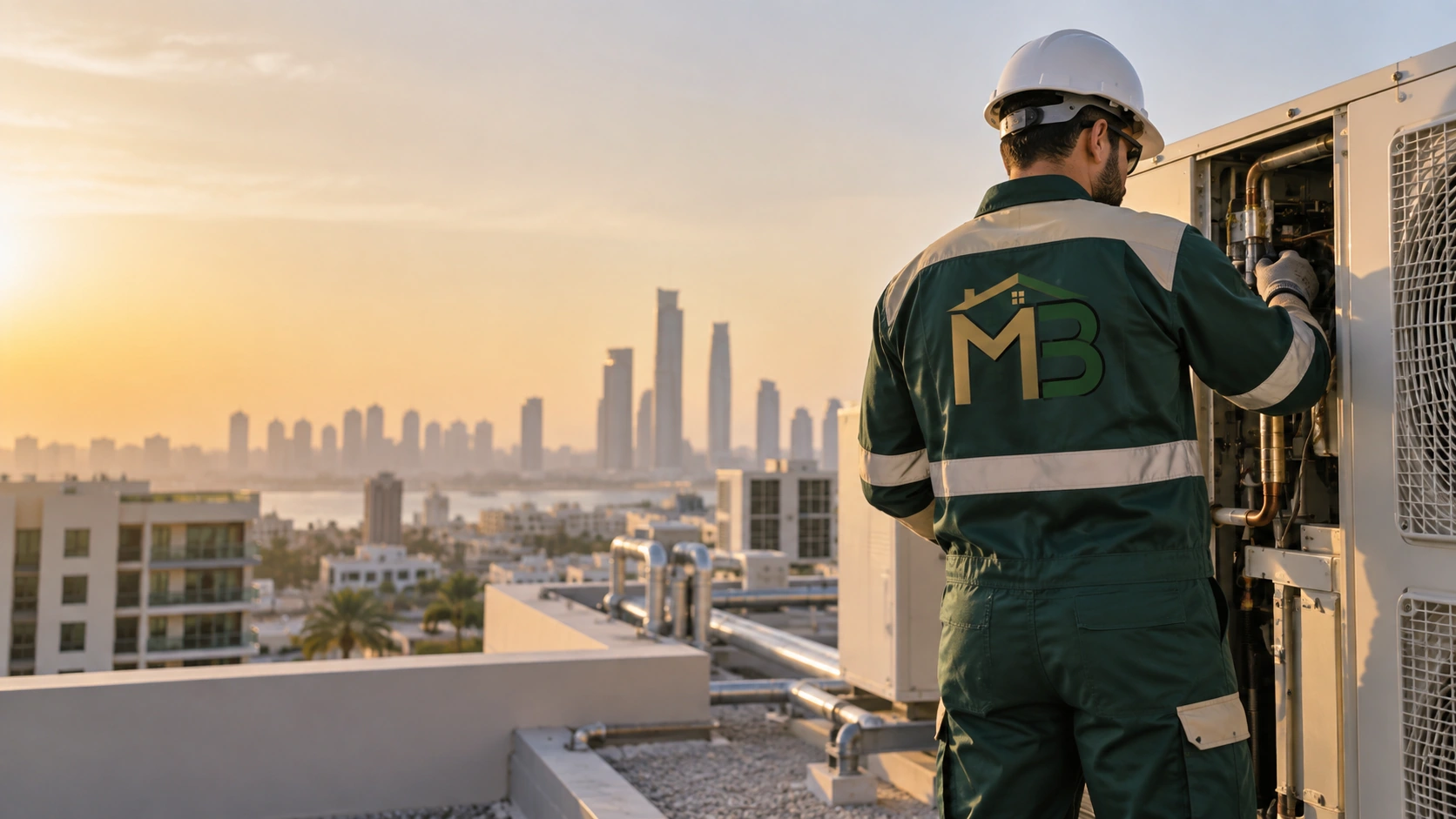 Building maintenance technician working on rooftop equipment in Abu Dhabi