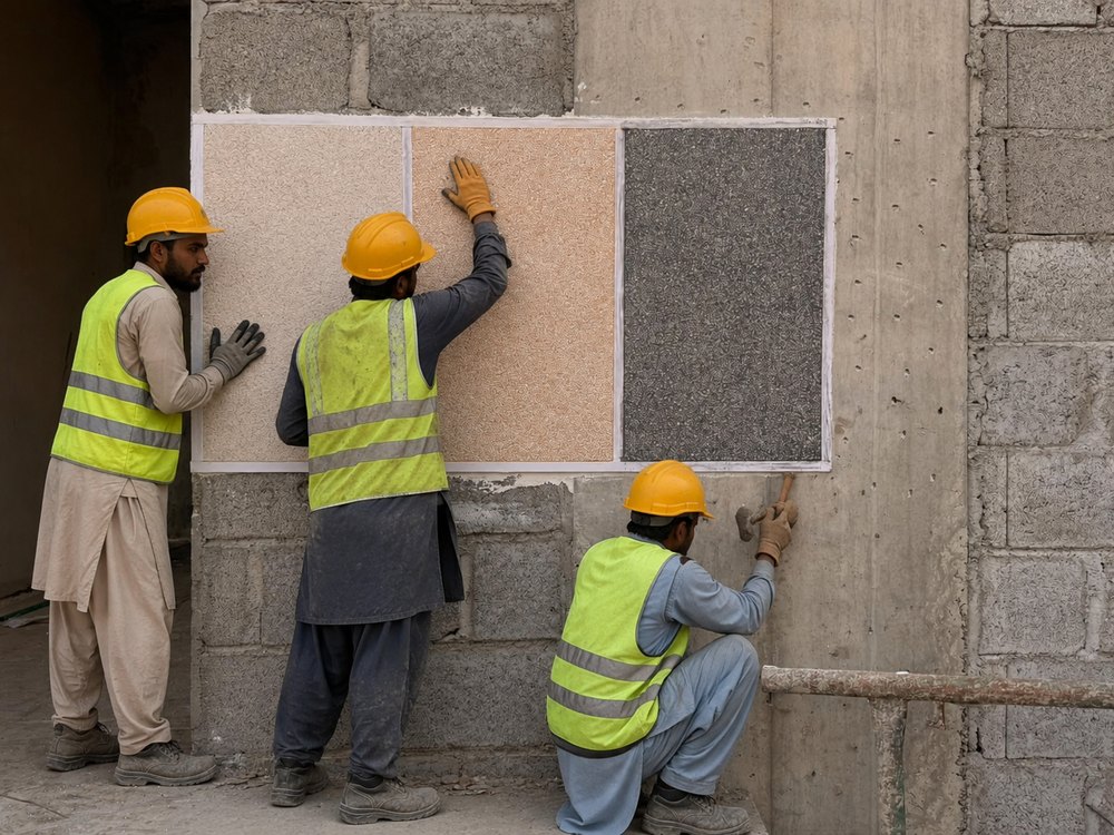 Feature wall — chips band & plaster — Al Falah
