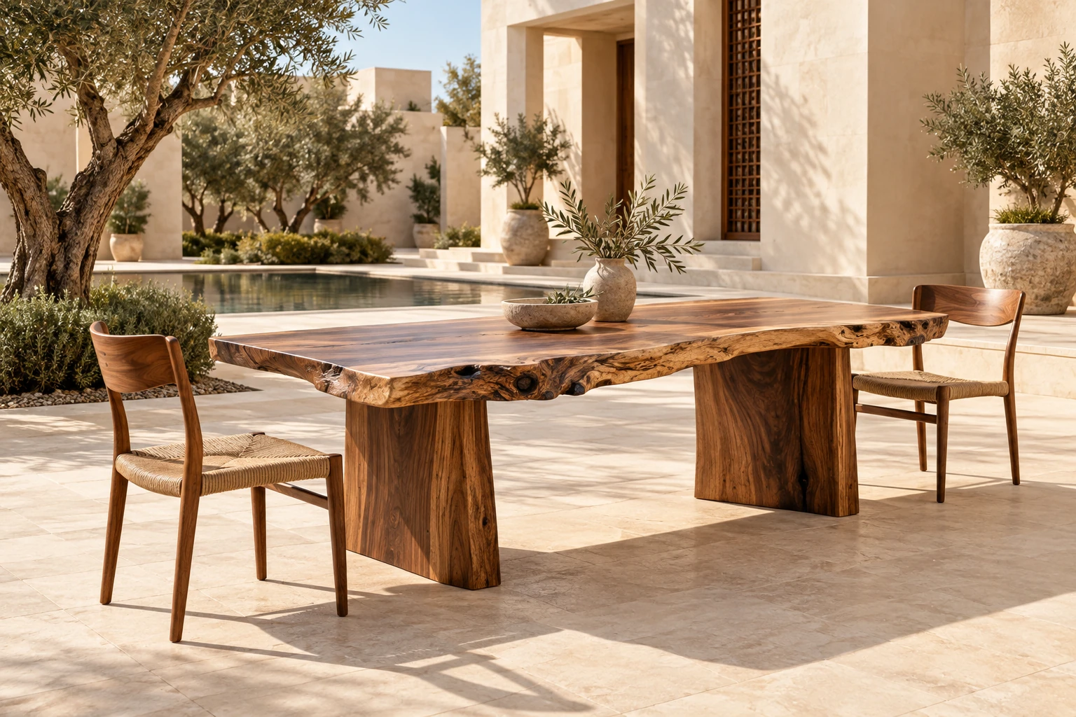 Natural timber furniture in a courtyard