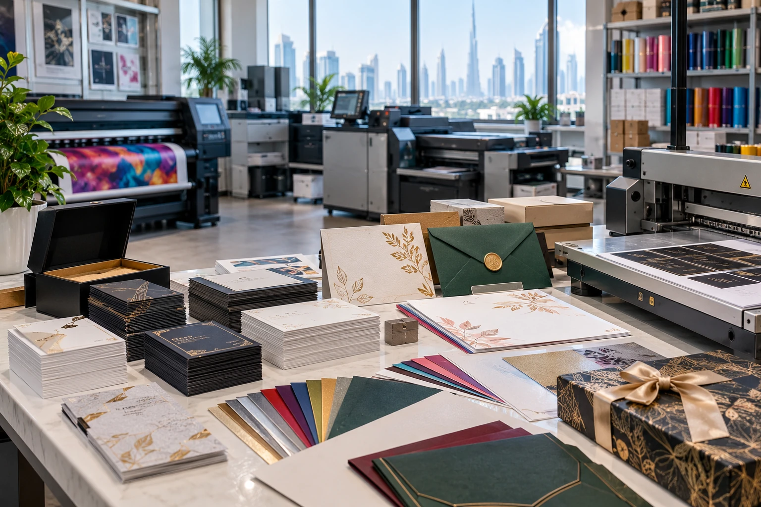 Printed cards and envelopes in a modern print shop