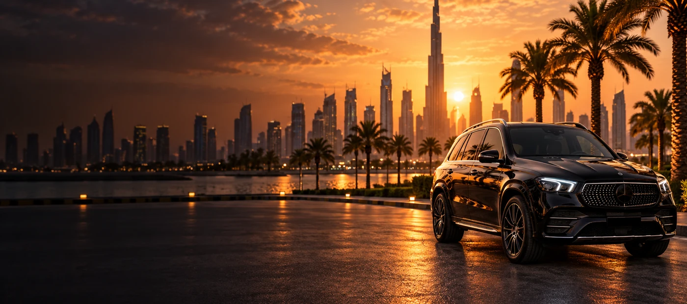 Vehicle on a UAE road at sunset