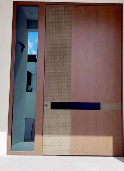 A wood-tone door with a contrasting horizontal accent and a glazed side panel.
