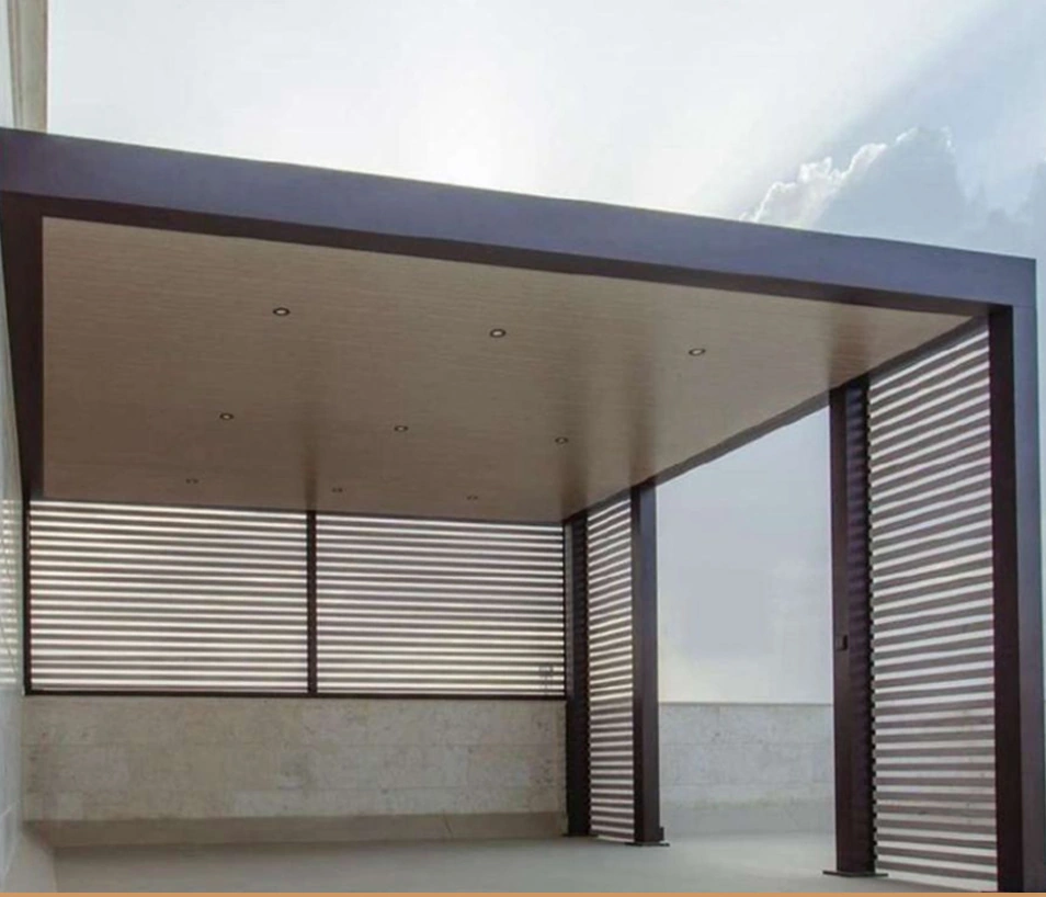 A covered outdoor canopy with side screening.