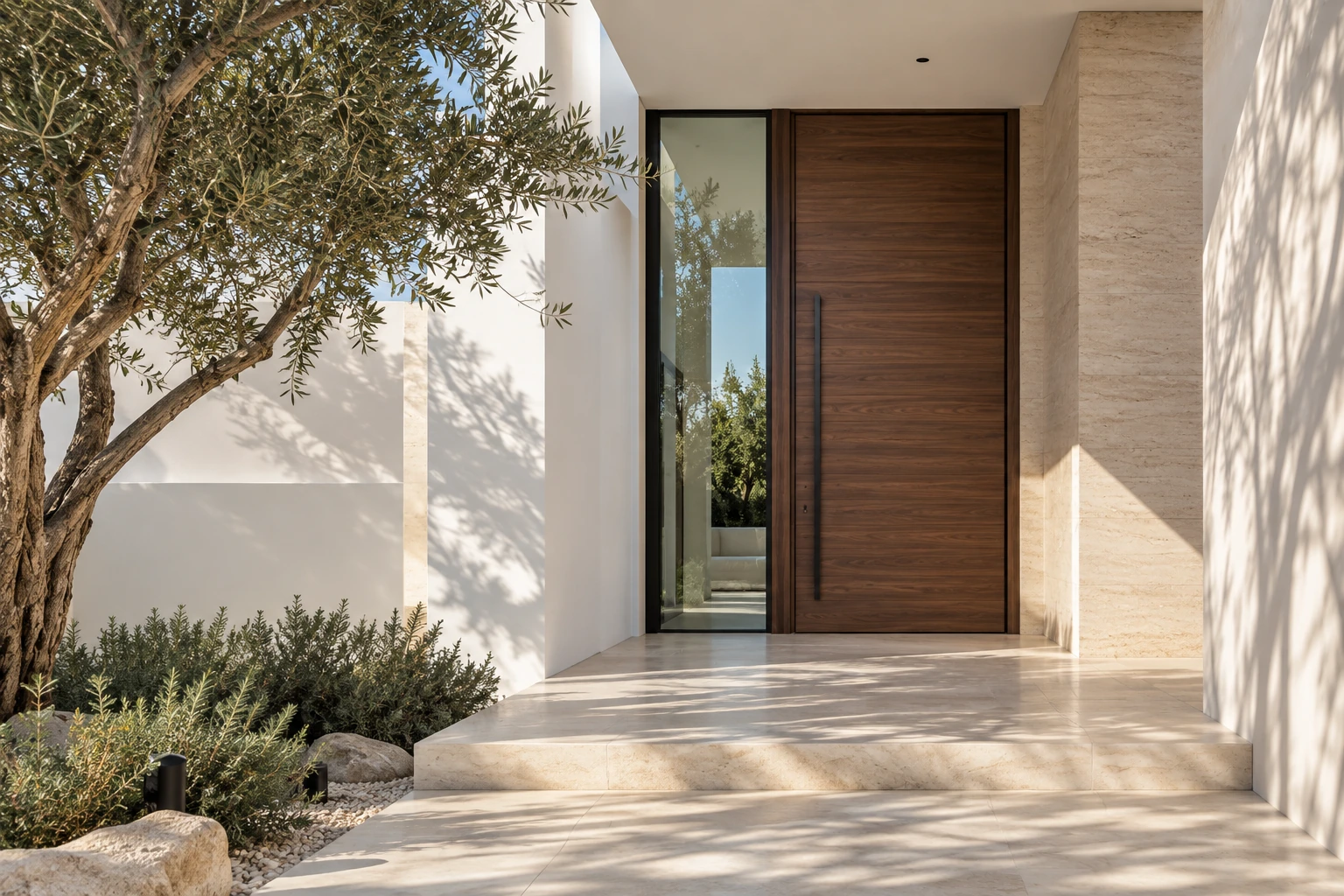 Architectural illustration of an aluminum wood-finish entrance at a contemporary UAE villa