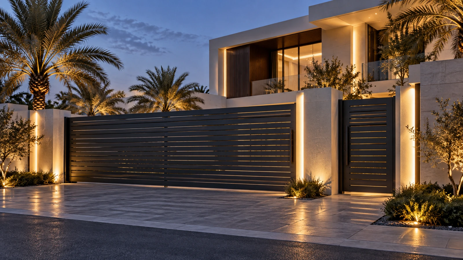 Architectural illustration of an aluminum sliding gate at a contemporary UAE villa