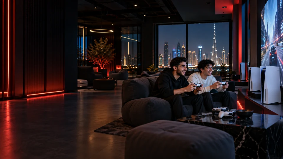 Representative gaming lounge with friends playing consoles