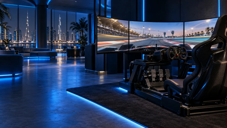 Representative racing simulator cockpit with multiple screens