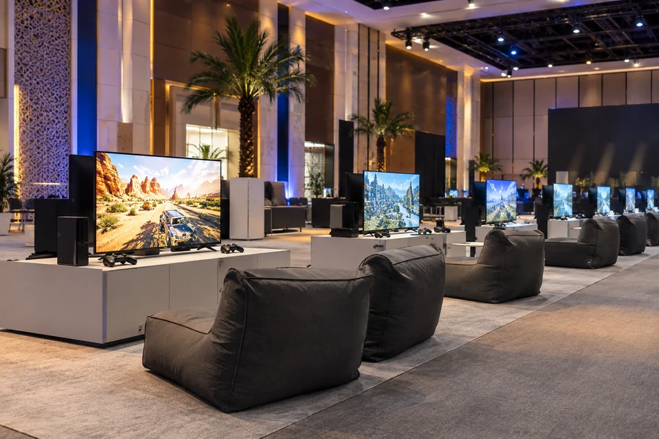 Representative gaming equipment arranged for an indoor event