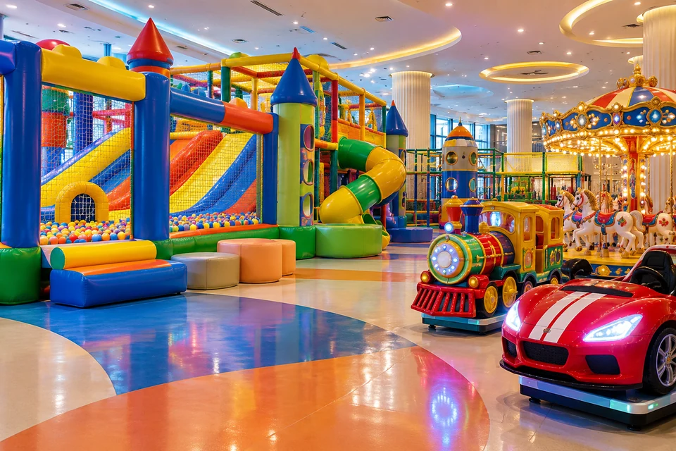 Representative colourful indoor inflatable play area and children’s rides
