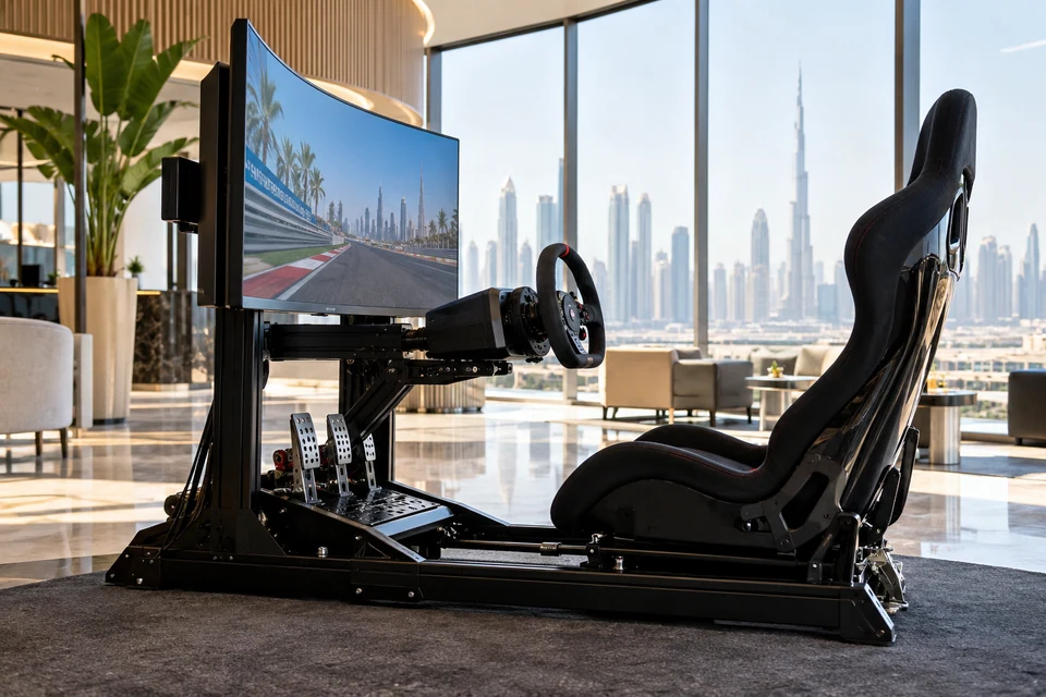 Representative racing simulator with steering wheel, pedals and seat