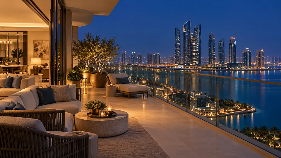 Illustrative Abu Dhabi apartment terrace at blue hour