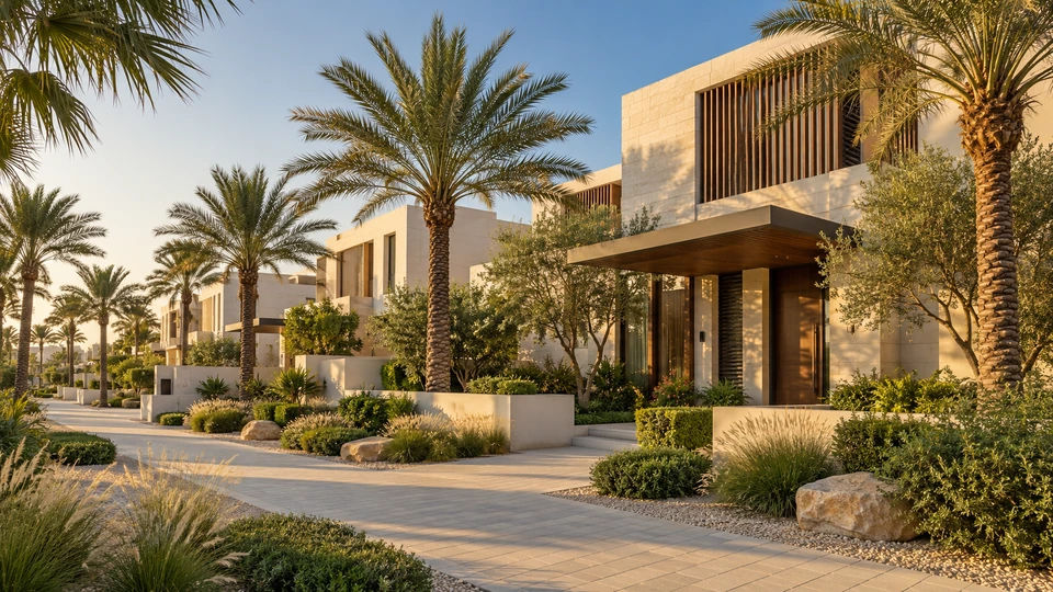 Illustrative Abu Dhabi residential neighbourhood with landscaped homes