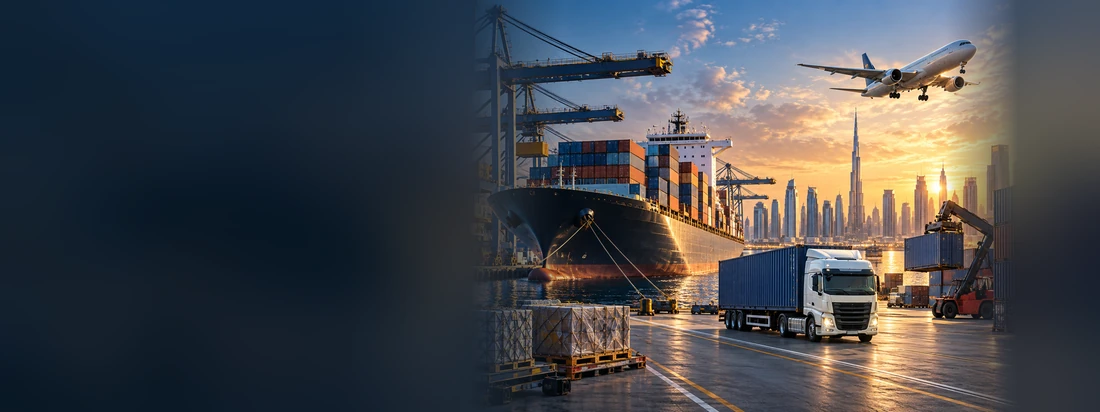 Dubai port with cargo ship, aircraft and the full Burj Khalifa skyline at sunset