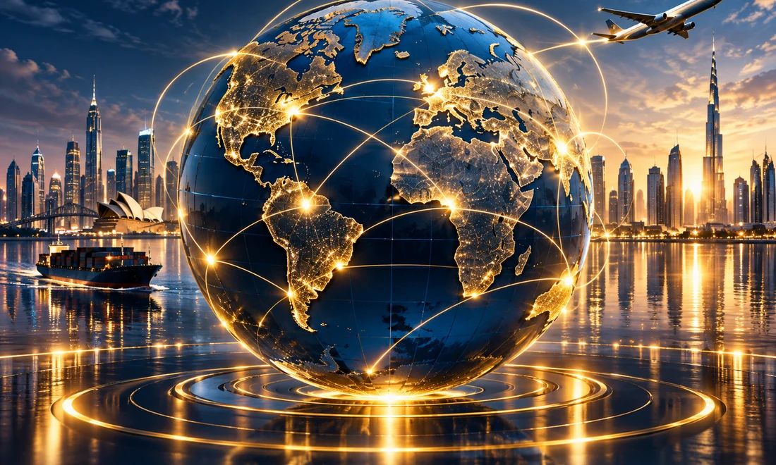 Global network map with illuminated international trade connections