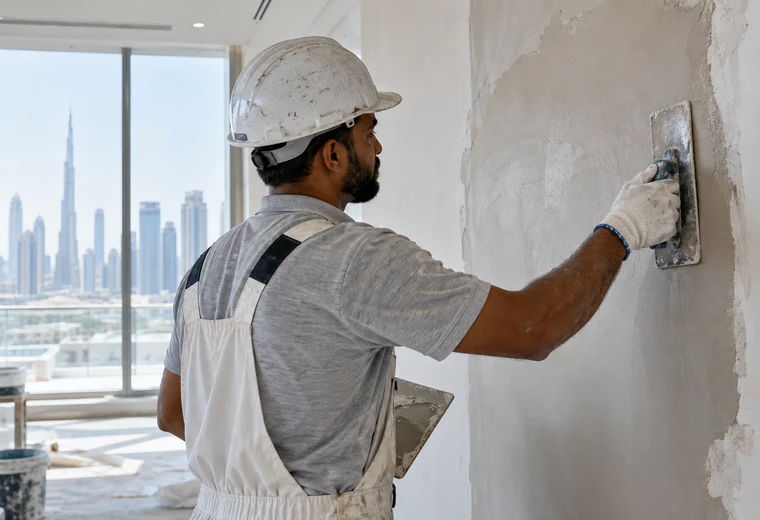 Plasterer smoothing an interior wall
