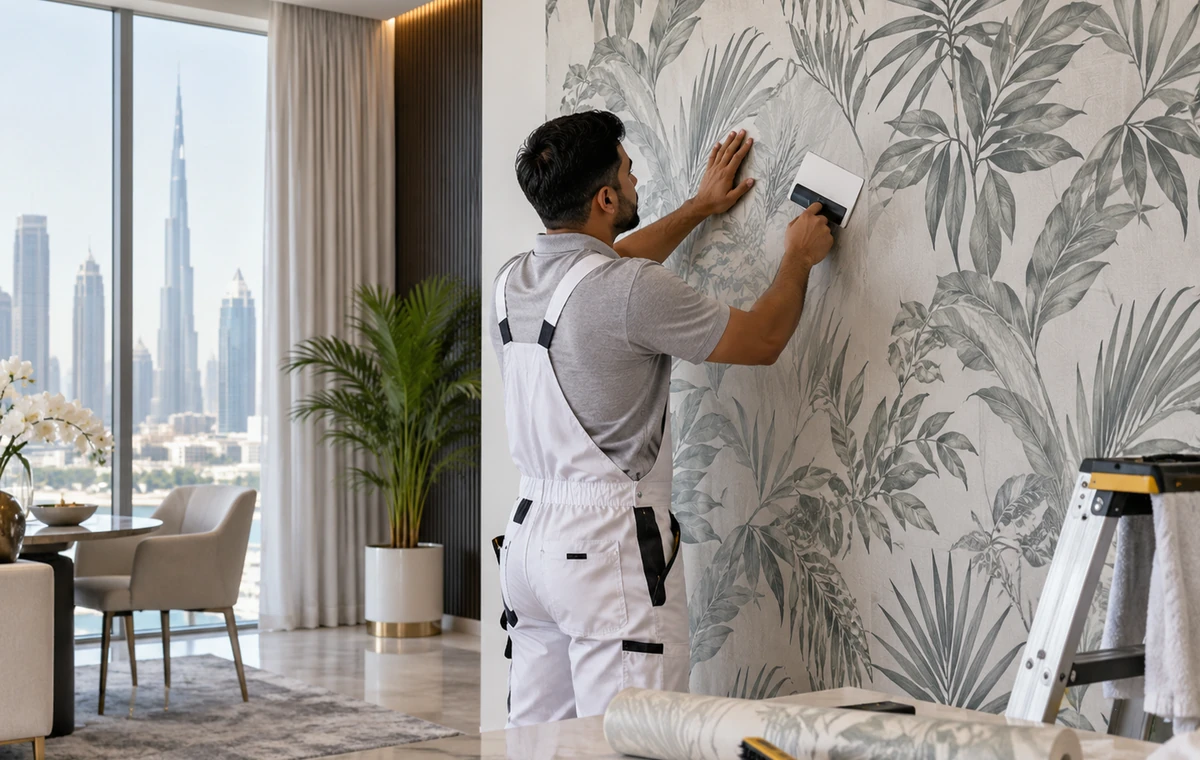 Wall Paper Fixing work in a Dubai interior