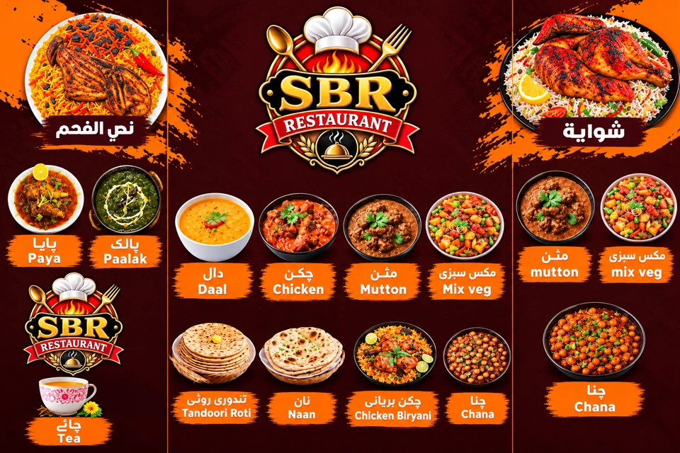 SBR Restaurant supplied menu artwork with English and Urdu dish names