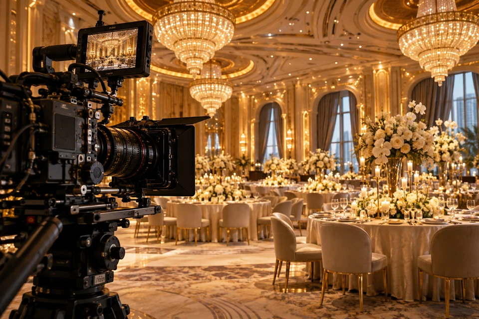 Flower-decorated Dubai event ballroom prepared for filming