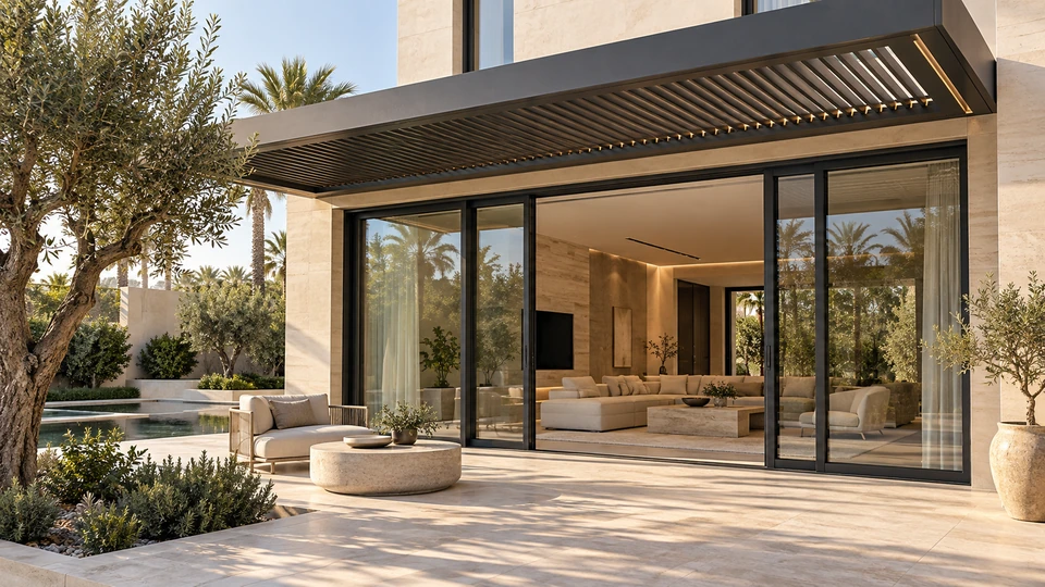 Aluminium doors and canopy in a contemporary residential courtyard