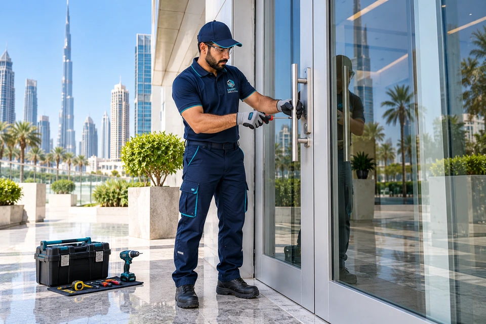 Glass & aluminum work — illustrative service photograph with embroidered workwear