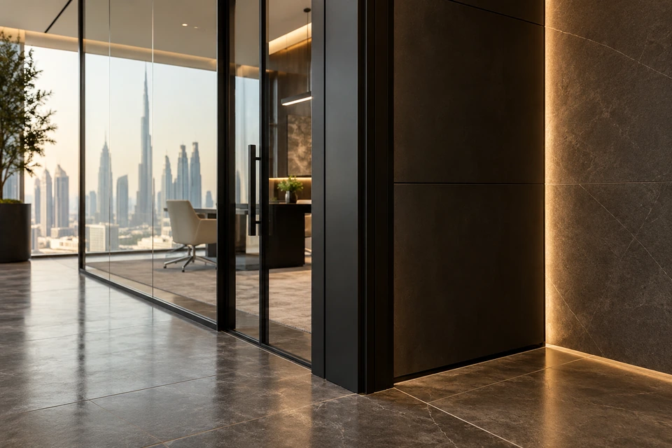 Detailed junction of glass partition, aluminium frame and wall cladding