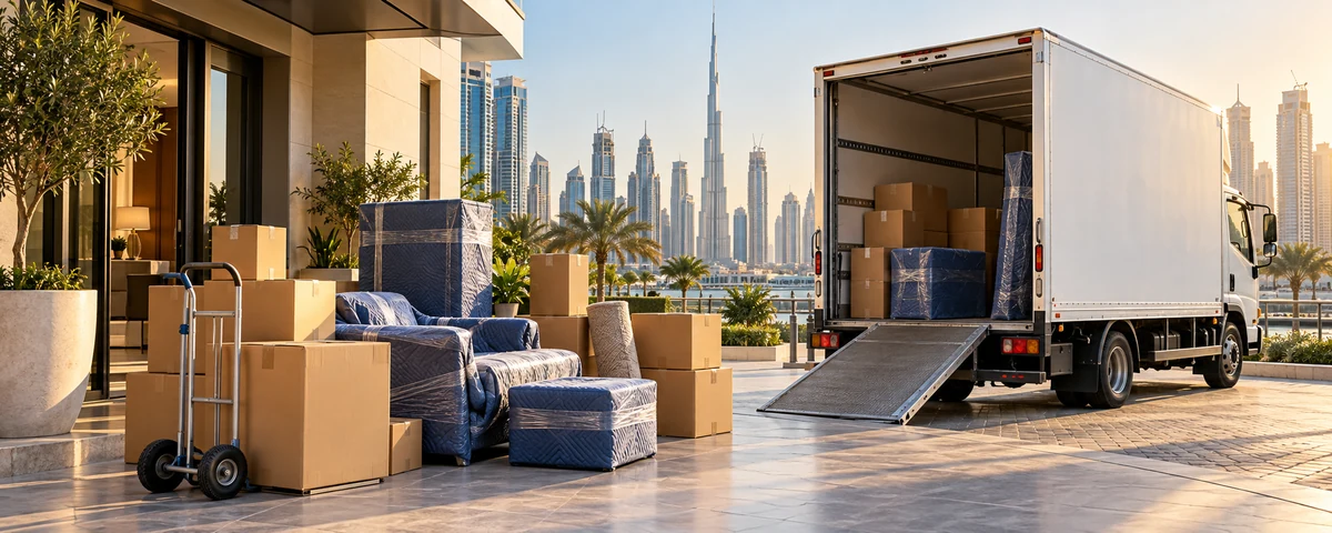 Packed belongings beside a moving truck at a Dubai apartment