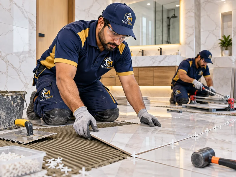 TAJ ALMAKAN technicians installing floor tiles in a modern interior