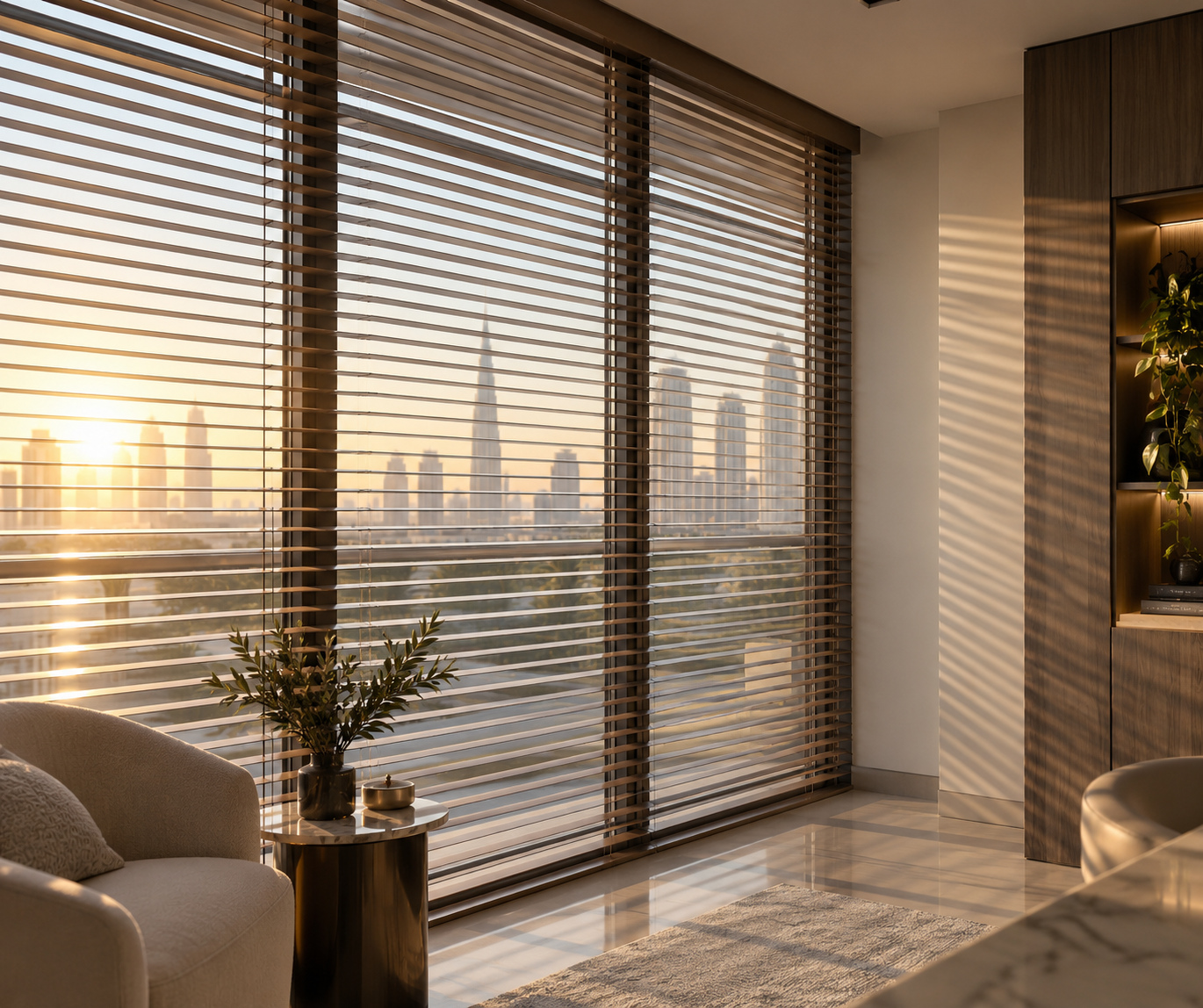 Modern blinds filtering warm daylight