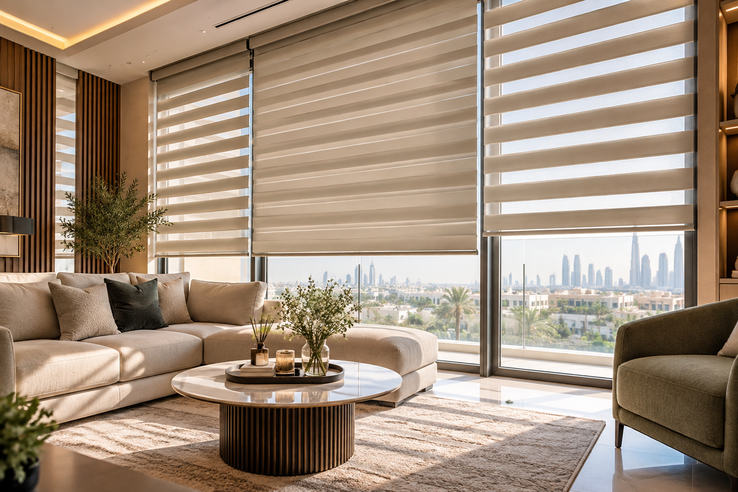 Contemporary blinds in a sunlit living room