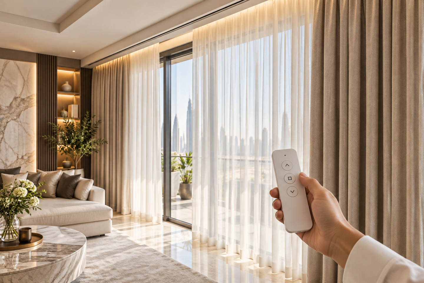 Layered sheer and curtains in a refined modern interior