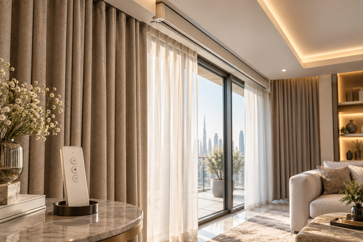 Motorized curtain track and remote in a luxury living room