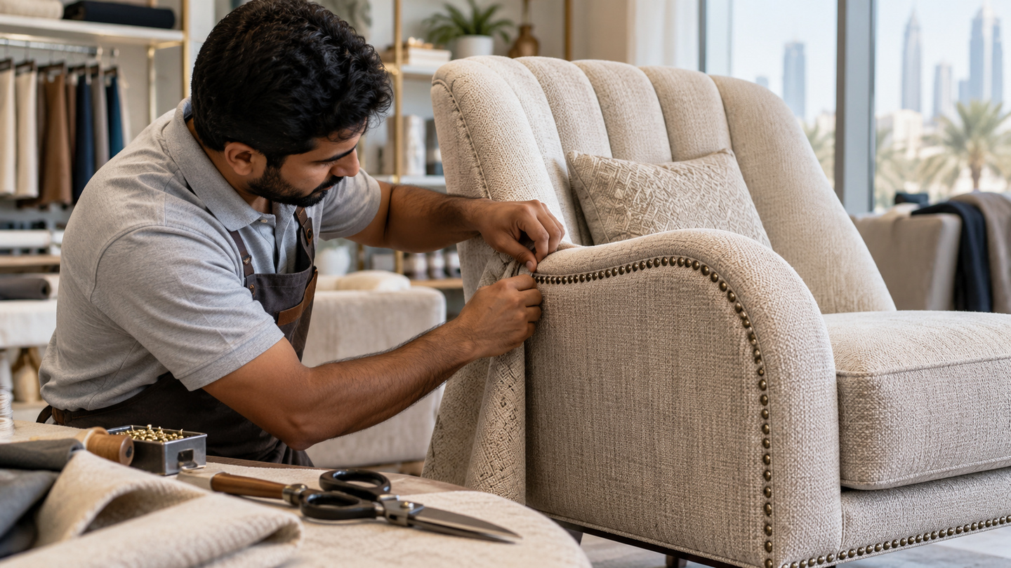 Upholstery work on a cream armchair