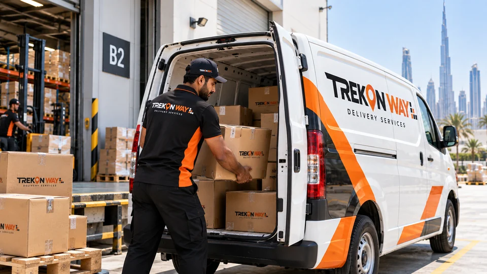 Courier coordinating packages from a delivery van