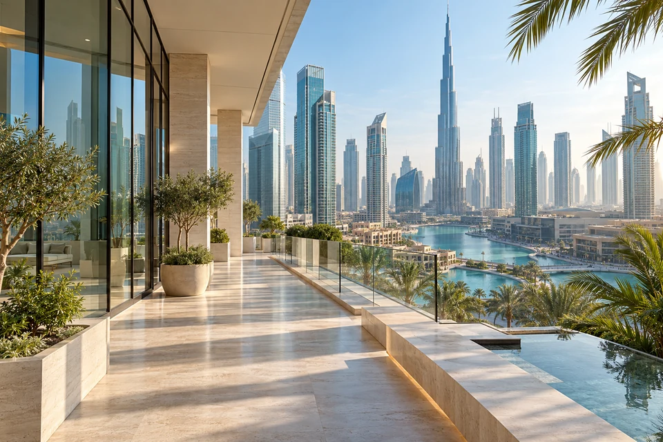 Modern Dubai business district from a sunlit terrace