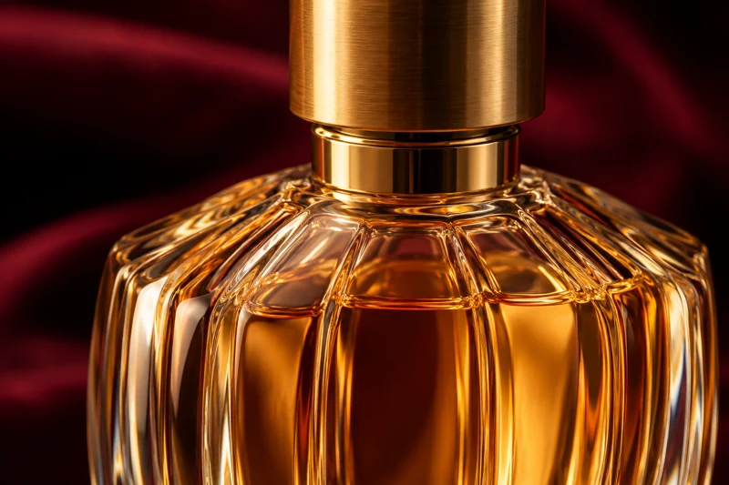 Illustrative close-up of fluted perfume glass and brass cap