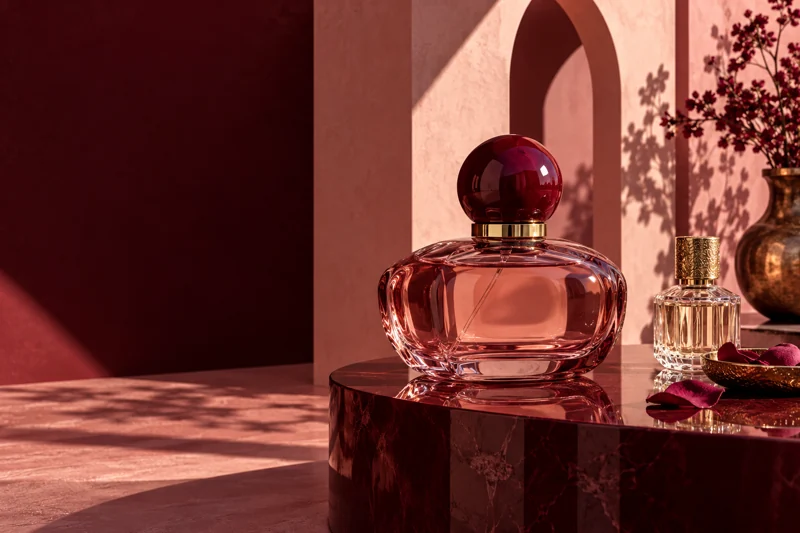 Illustrative rose glass perfume bottle on burgundy stone