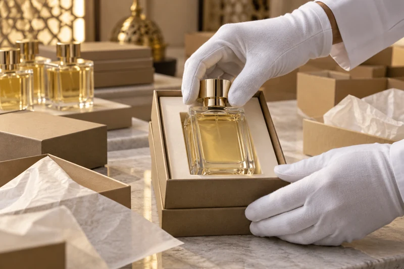 Illustrative gloved hands placing a perfume bottle into a presentation box