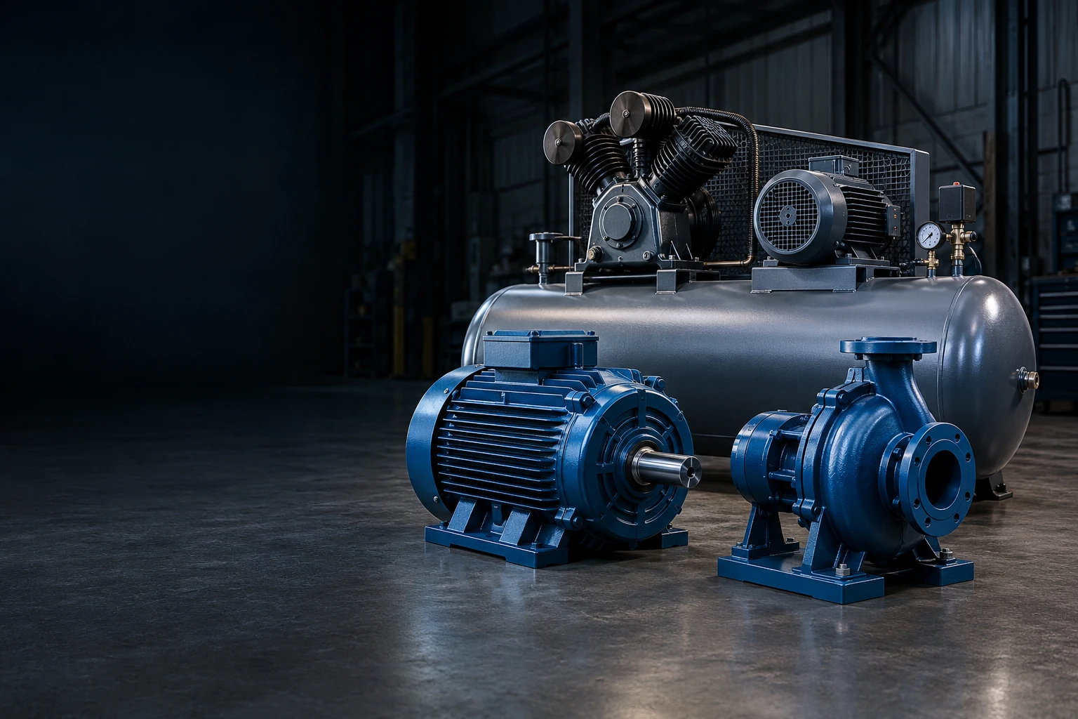 Industrial motors, pumps and equipment in a workshop