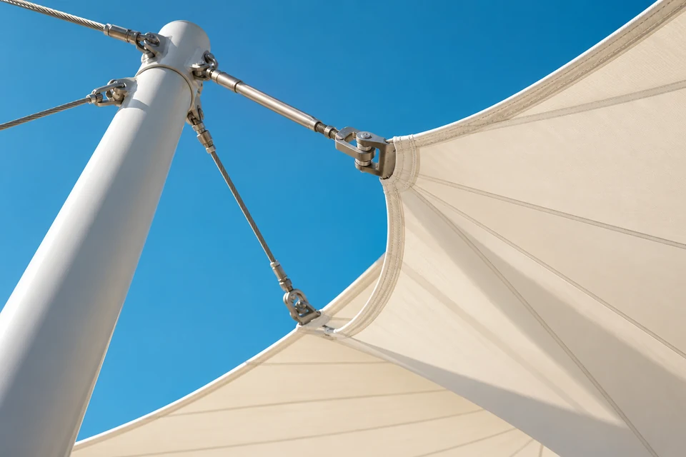 Tensile canopy fabric and structural connection illustration
