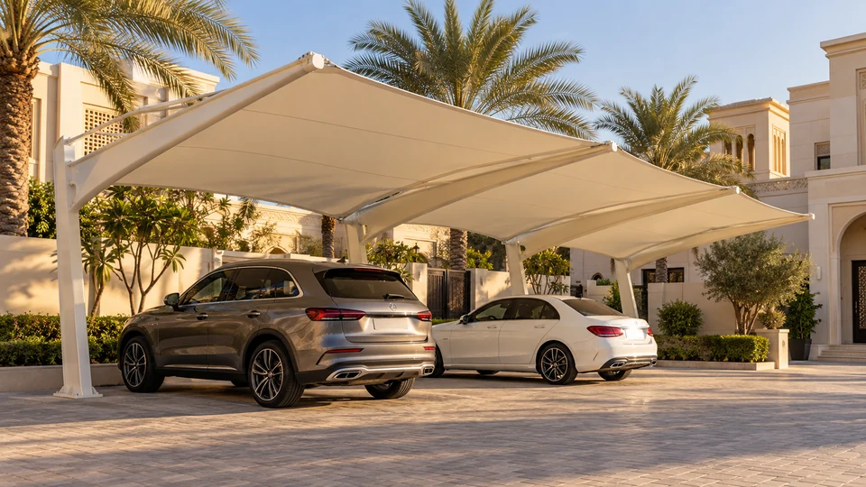 Illustrative car parking shades in a UAE villa courtyard