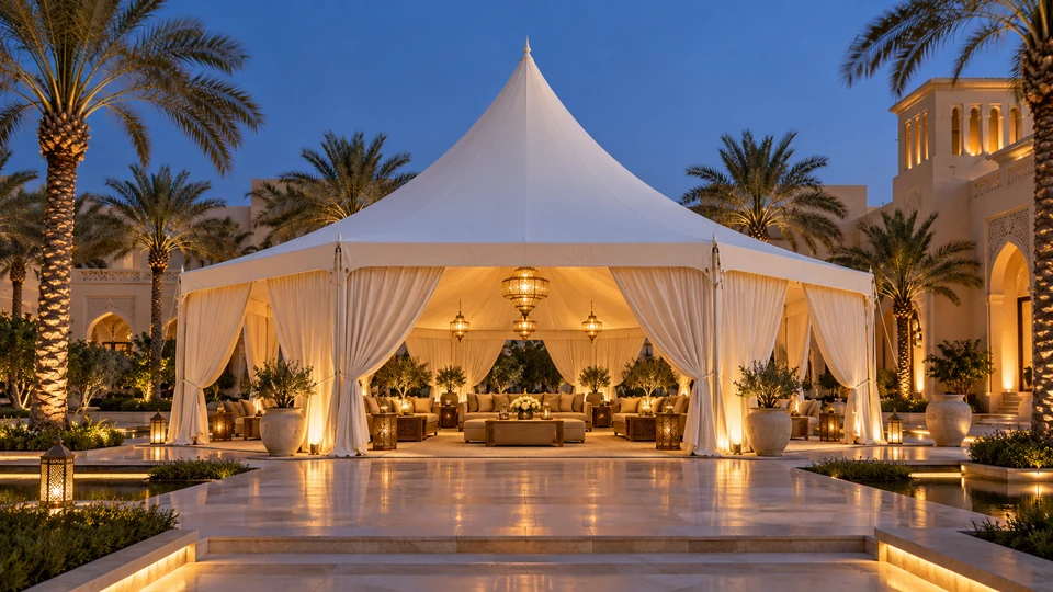 Illuminated gathering tent in a UAE courtyard — design inspiration