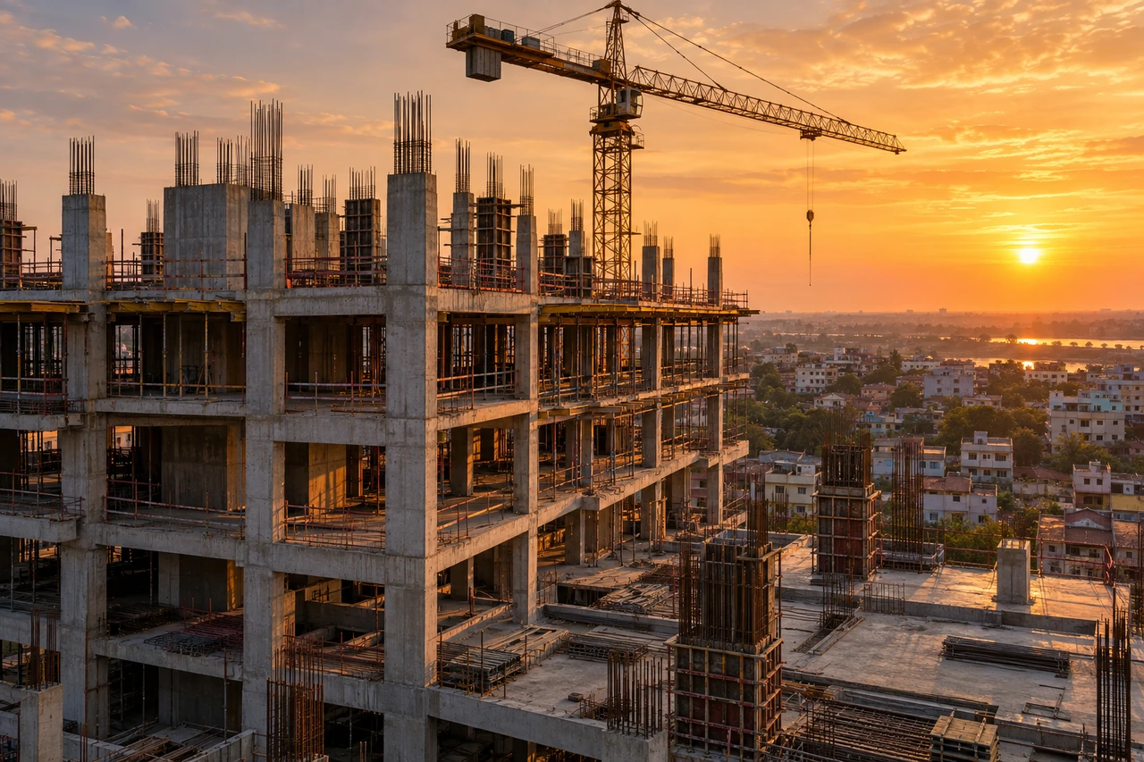 Representative construction scene in India at sunset
