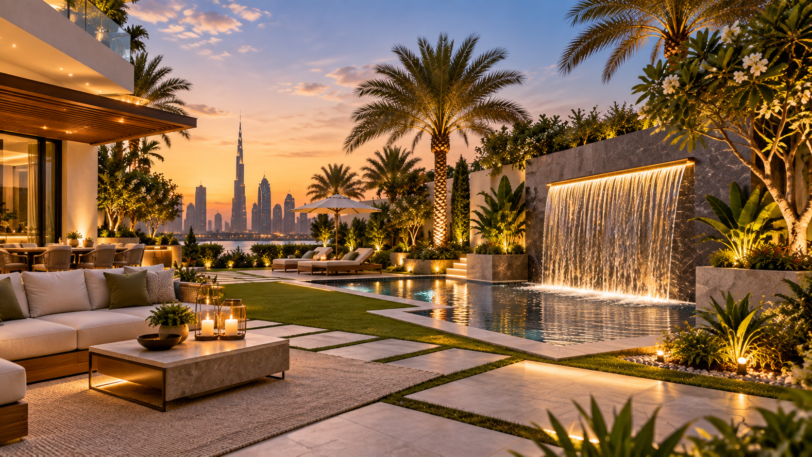 Luxury landscaped villa with pool and outdoor amenities